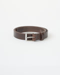 Brown leather belt with a silver buckle on a white background.