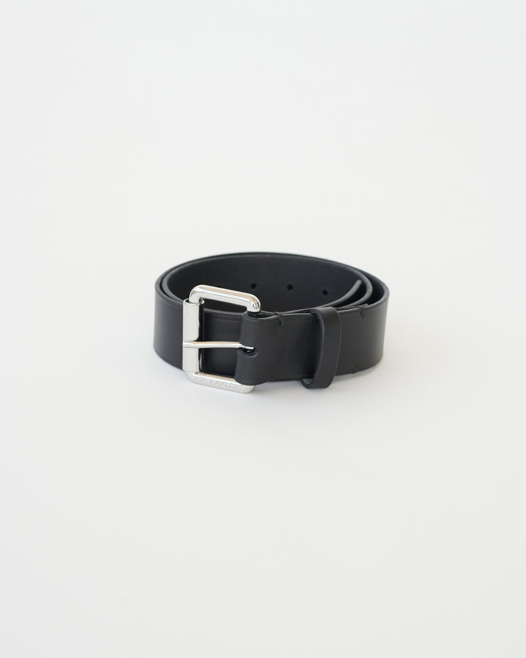 A wide black leather belt with a metallic buckle, on a white background.