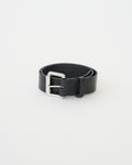 A wide black leather belt with a metallic buckle, on a white background.