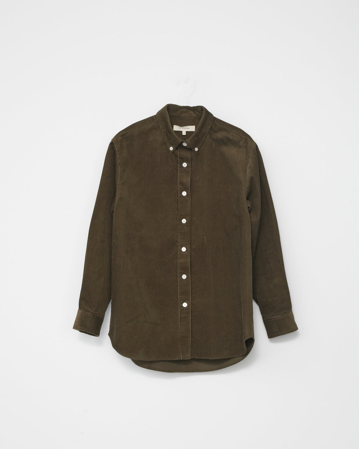 Olive corduroy shirt on a white background. Front view 
