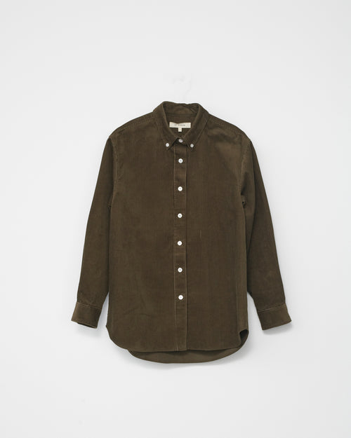 Olive corduroy shirt on a white background. Front view 