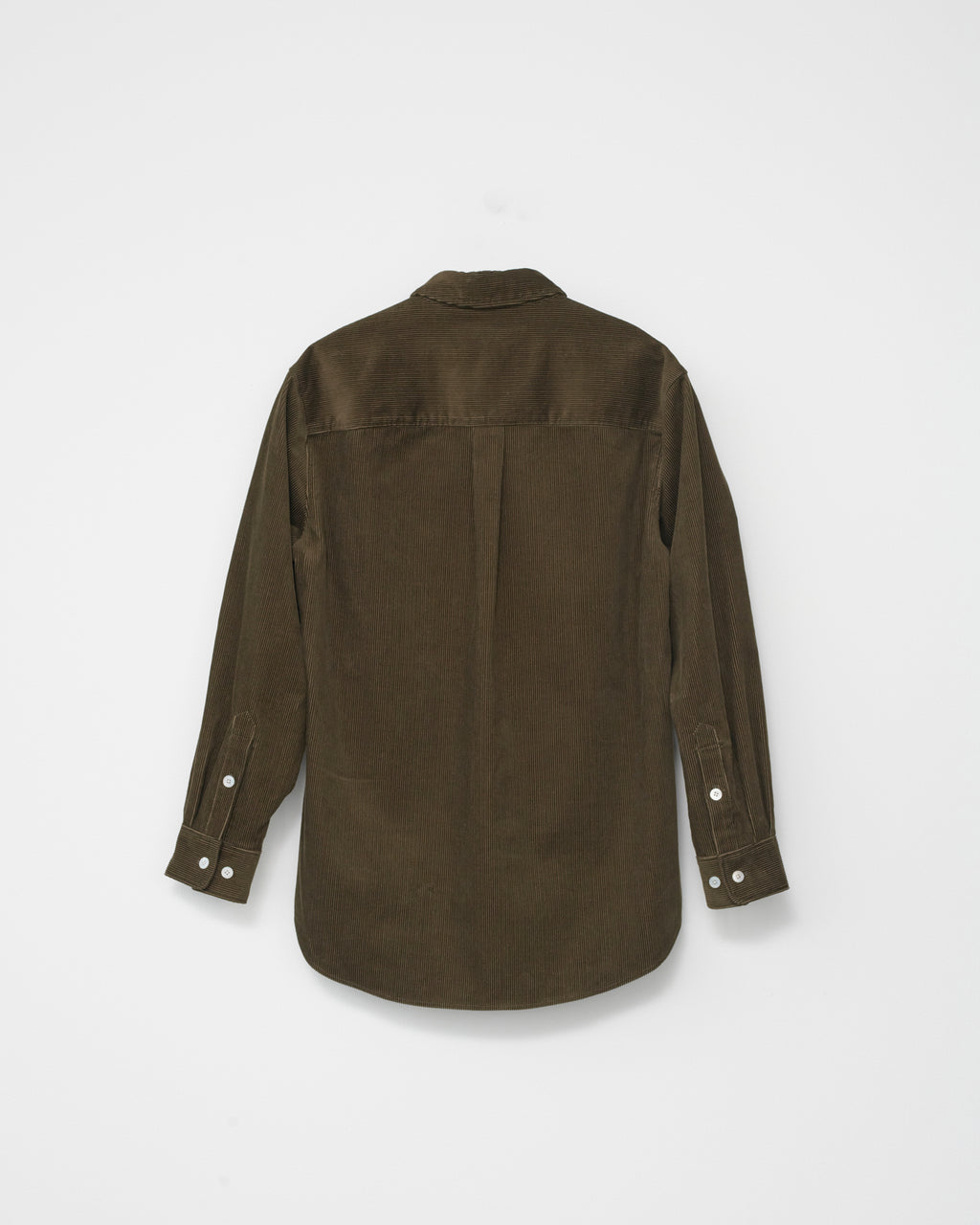 Olive corduroy shirt on a light gray background. Back view