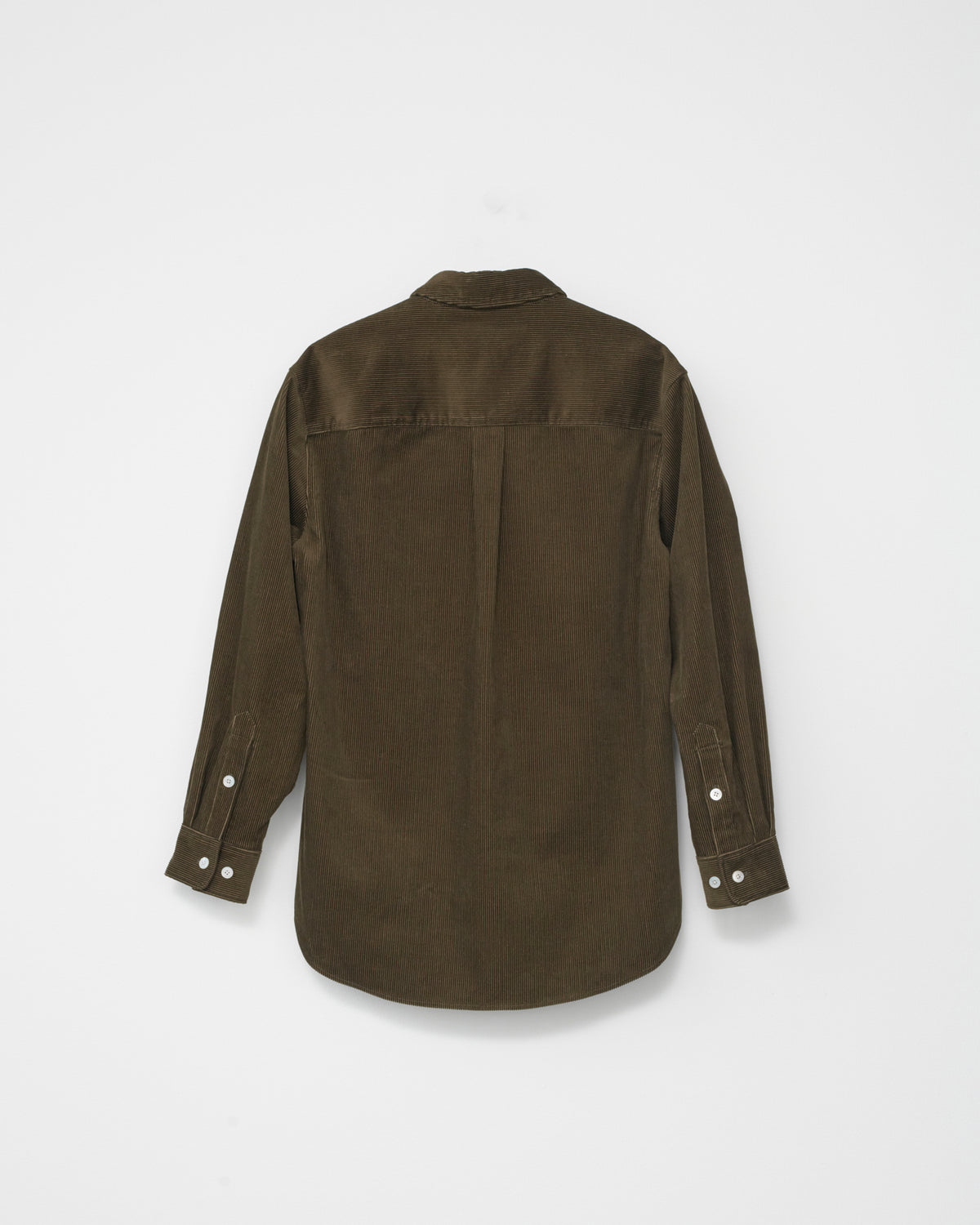 Olive corduroy shirt on a light gray background. Back view