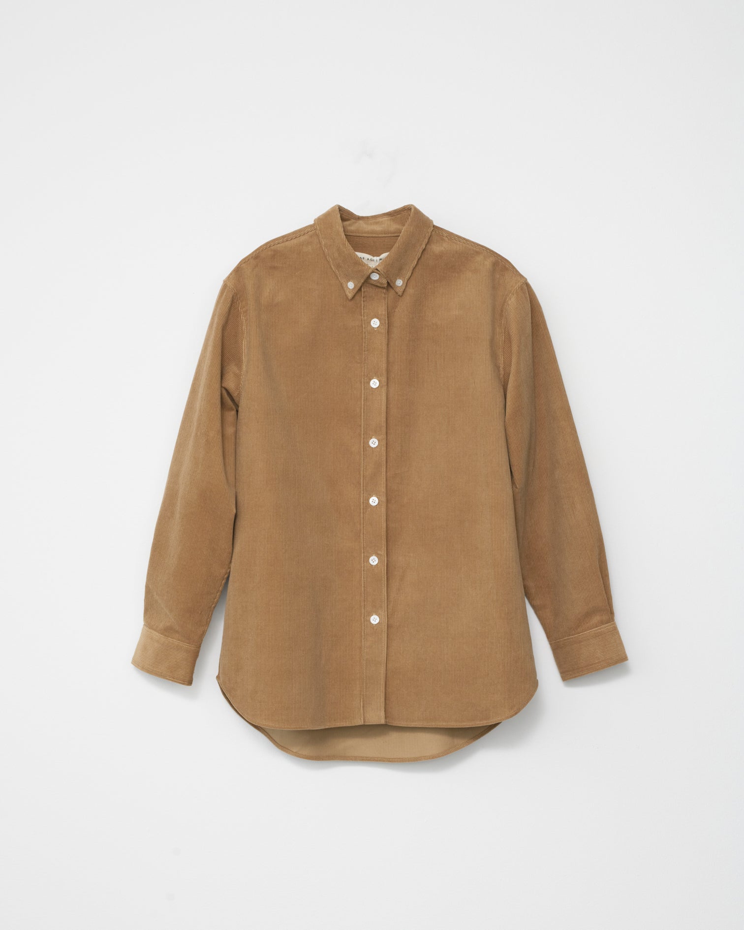 Brown corduroy shirt on a light gray background. Front 