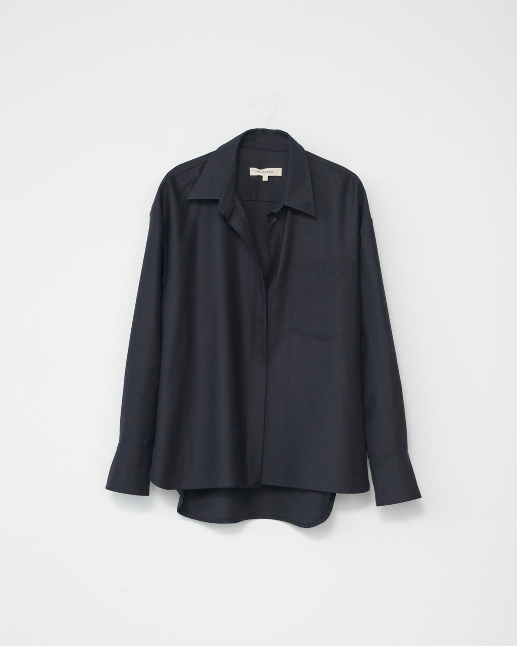 Navy wool shirt on a light gray background. Front side