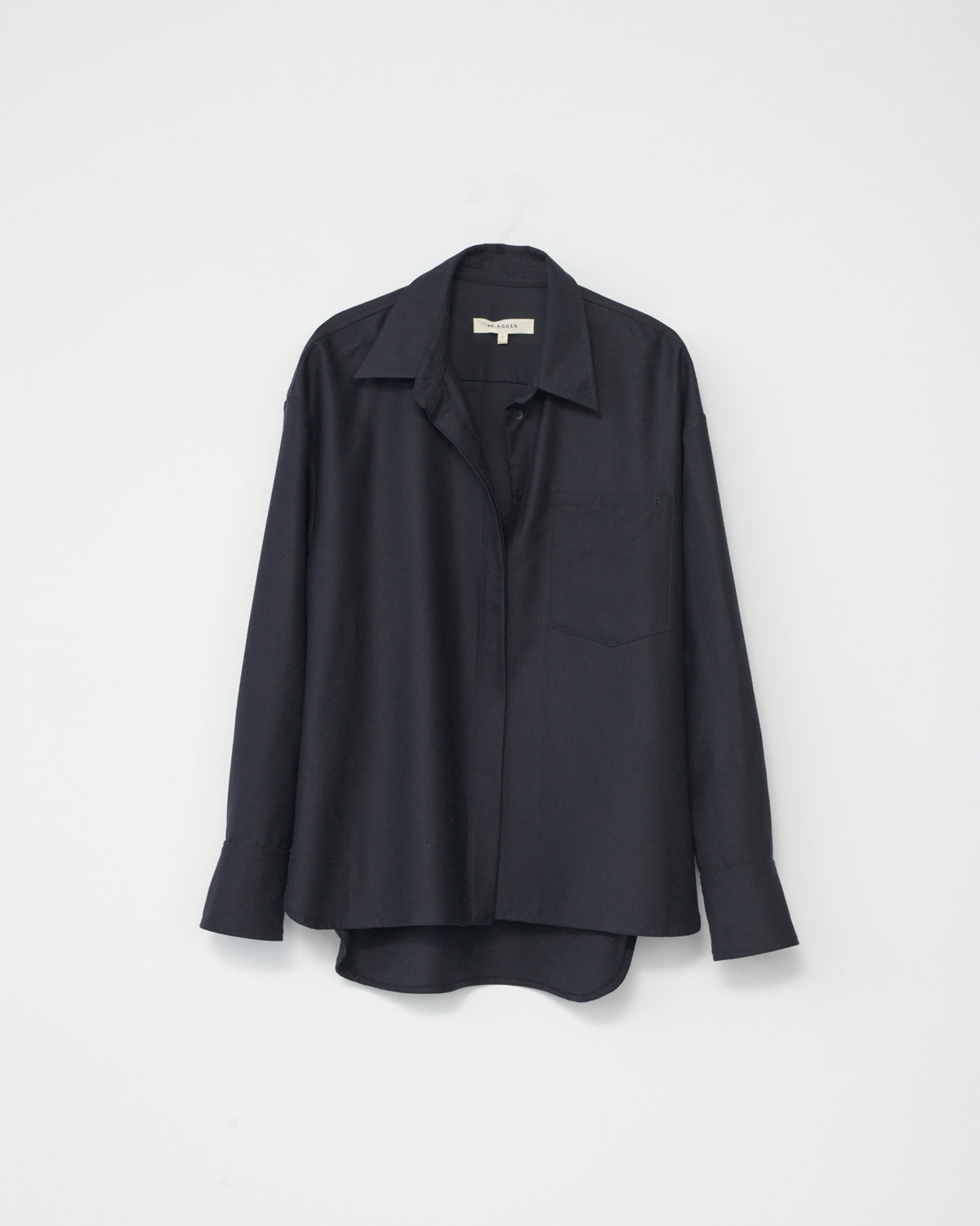Navy wool shirt on a light gray background. Front side