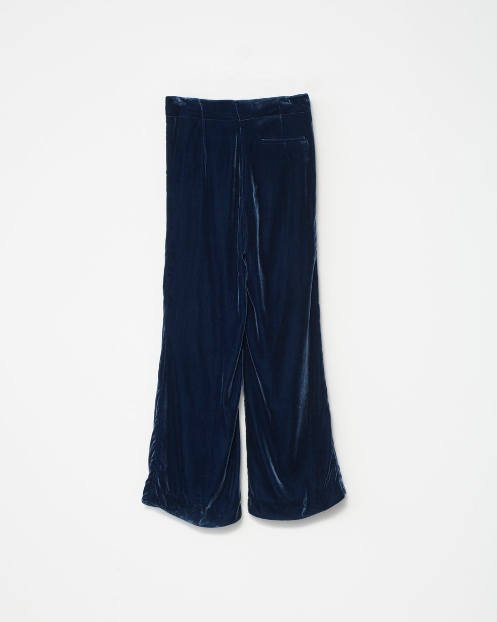 Dark blue velvet pants on a white background. Backview