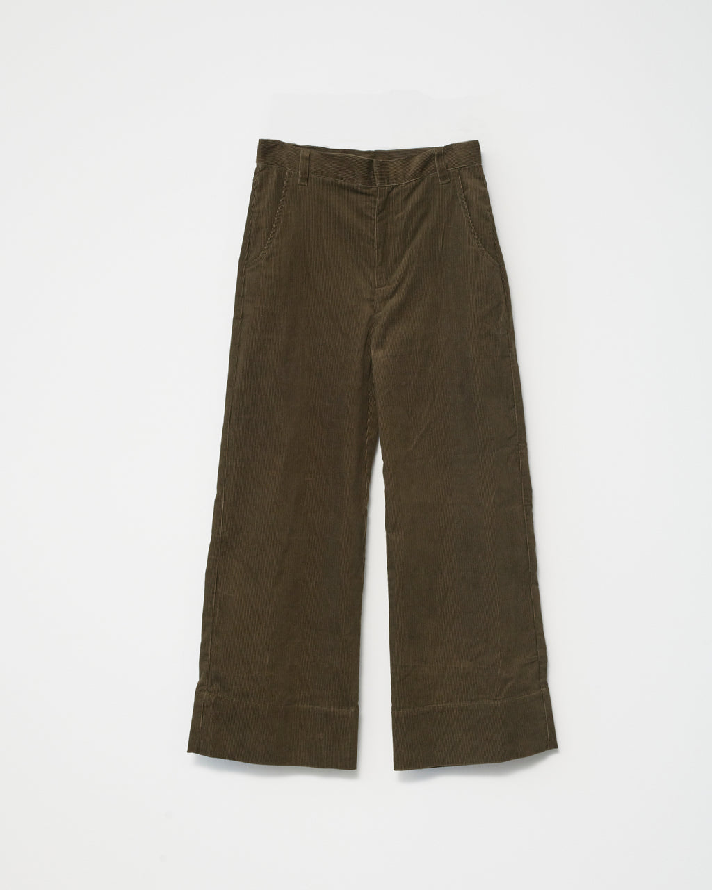 A pair of olive-colored corduroy trousers against a white background front view.