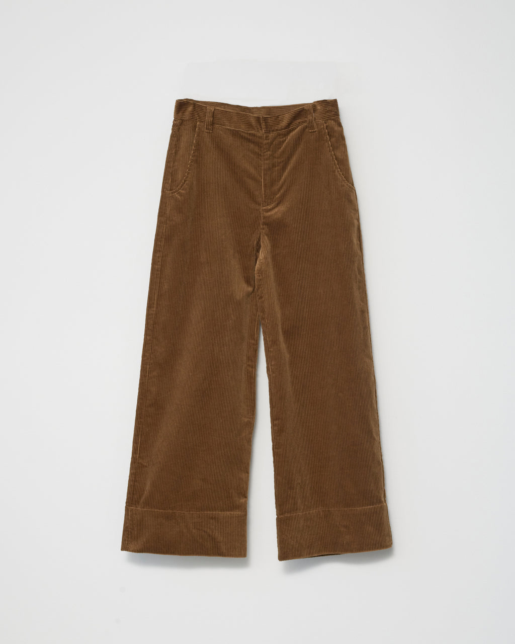 A pair of cognac-colored corduroy trousers against a white background front view.