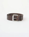 A wide brown leather belt with a metal buckle, displayed against a white background.