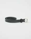 Black leather belt with a metal buckle, displayed against a white background.