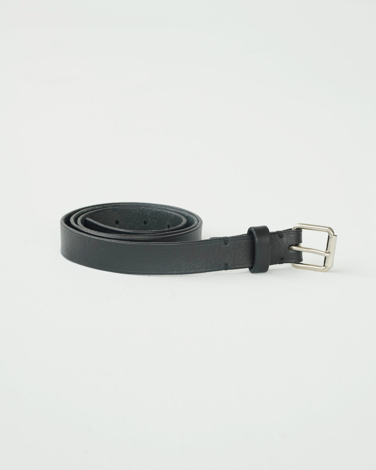 Black leather belt with a metal buckle, displayed against a white background.